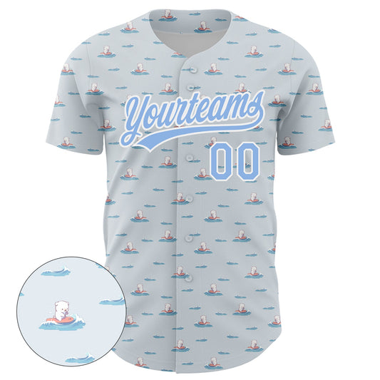 Custom Gray Light Blue-White 3D Pattern Design Animal Dog Surfing Authentic Baseball Jersey - Sky-Custom