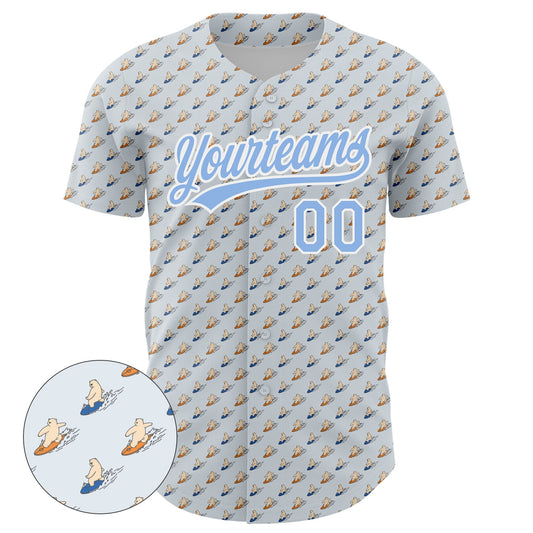 Custom Gray Light Blue-White 3D Pattern Design Animal Bear Surfing Authentic Baseball Jersey - Sky-Custom