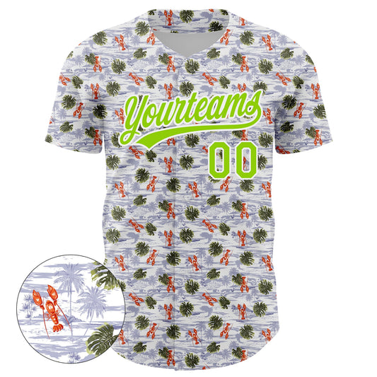 Custom White Neon Green 3D Pattern Design Animal Lobster And Hawaii Palm Trees Authentic Baseball Jersey - Sky-Custom