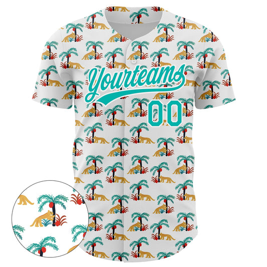 Custom White Aqua 3D Pattern Design Animal Leopard And Hawaii Palm Trees Authentic Baseball Jersey - Sky-Custom
