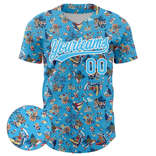Custom Sky Blue White 3D Pattern Design Animal Bear And Hawaii Palm Trees Authentic Baseball Jersey - Sky-Custom