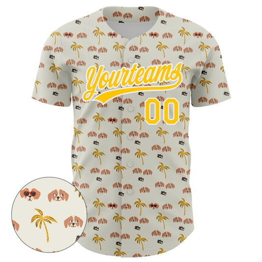 Custom White Yellow 3D Pattern Design Animal Dog And Hawaii Palm Trees Authentic Baseball Jersey - Sky-Custom