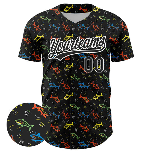 Custom Black White 3D Pattern Design Animal Fish Authentic Baseball Jersey - Sky-Custom
