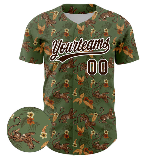 Custom Green Brown-White 3D Pattern Design Animal Leopard And Hawaii Palm Leaves Authentic Baseball Jersey - Sky-Custom
