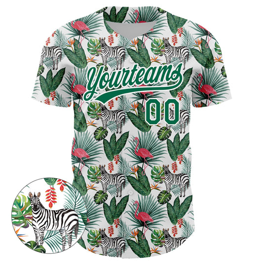 Custom White Kelly Green 3D Pattern Design Animal Zebra Flamingo And Hawaii Palm Leaves Authentic Baseball Jersey - Sky-Custom