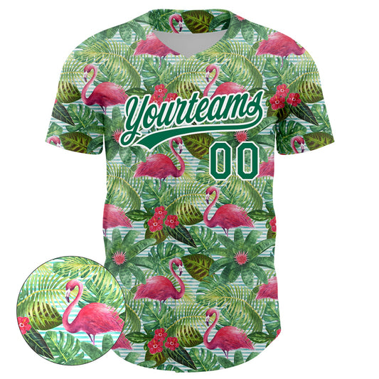 Custom White Kelly Green 3D Pattern Design Animal Flamingo And Hawaii Palm Leaves Authentic Baseball Jersey - Sky-Custom