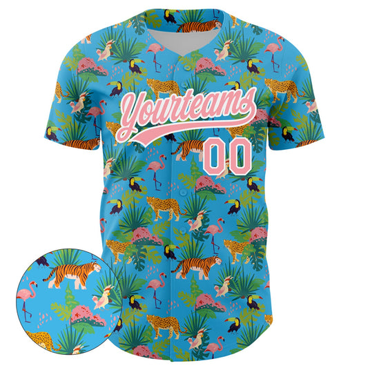 Custom Sky Blue Medium Pink-White 3D Pattern Design Animal Tiger Leopard Flamingo And Hawaii Palm Leaves Authentic Baseball Jersey - Sky-Custom