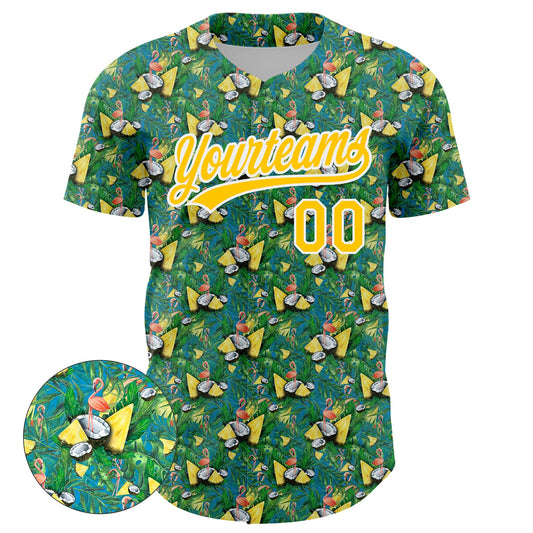 Custom Green White-Yellow 3D Pattern Design Animal Flamingo And Hawaii Palm Leaves Authentic Baseball Jersey - Sky-Custom