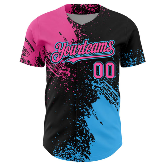 Custom Pink Black-Sky Blue 3D Pattern Design Abstract Brush Stroke Authentic Baseball Jersey - Sky-Custom