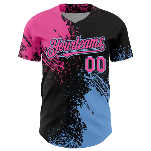 Custom Pink Black-Light Blue 3D Pattern Design Abstract Brush Stroke Authentic Baseball Jersey - Sky-Custom