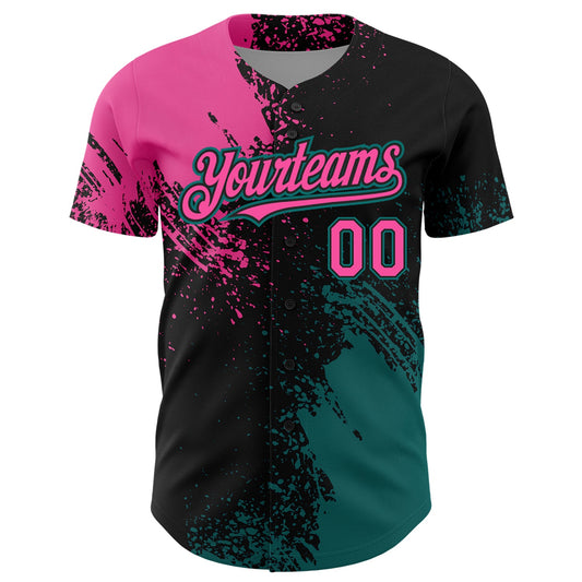 Custom Pink Black-Teal 3D Pattern Design Abstract Brush Stroke Authentic Baseball Jersey - Sky-Custom