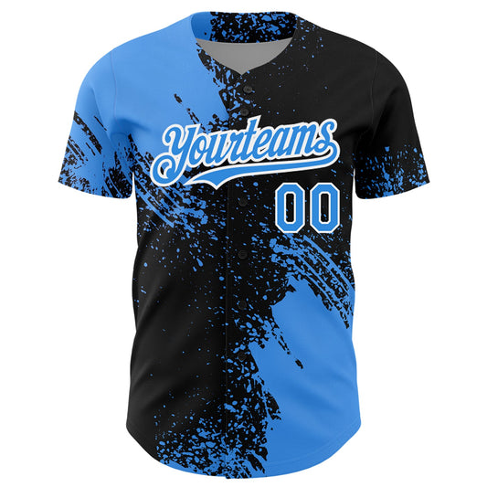 Custom Electric Blue Black-White 3D Pattern Design Abstract Brush Stroke Authentic Baseball Jersey - Sky-Custom