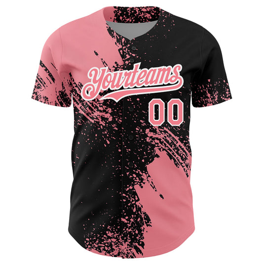Custom Medium Pink Black-White 3D Pattern Design Abstract Brush Stroke Authentic Baseball Jersey - Sky-Custom