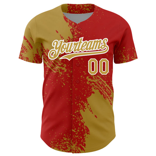 Custom Old Gold Red-White 3D Pattern Design Abstract Brush Stroke Authentic Baseball Jersey - Sky-Custom
