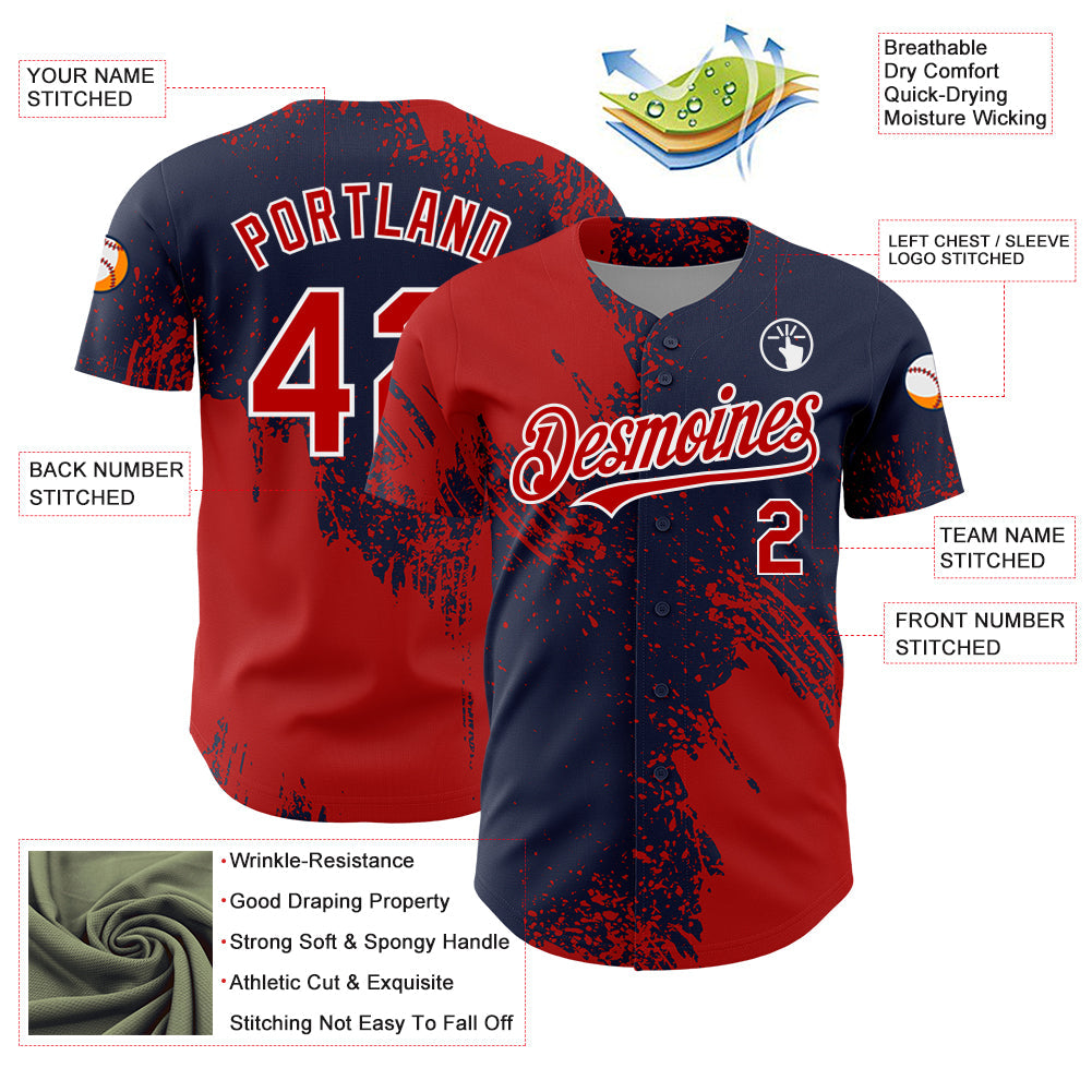 Custom Red Navy-White 3D Pattern Design Abstract Brush Stroke Authentic Baseball Jersey - Sky-Custom