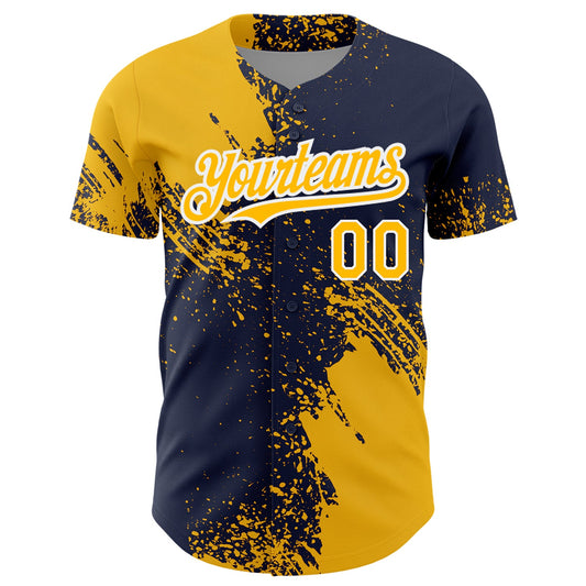 Custom Gold Navy-White 3D Pattern Design Abstract Brush Stroke Authentic Baseball Jersey - Sky-Custom