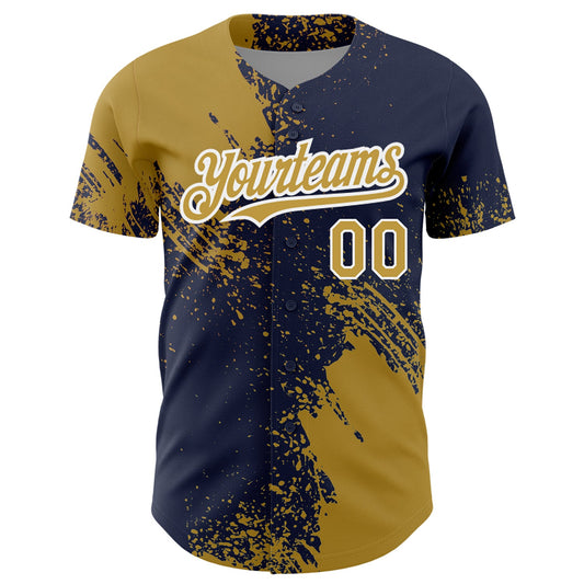 Custom Old Gold Navy-White 3D Pattern Design Abstract Brush Stroke Authentic Baseball Jersey - Sky-Custom