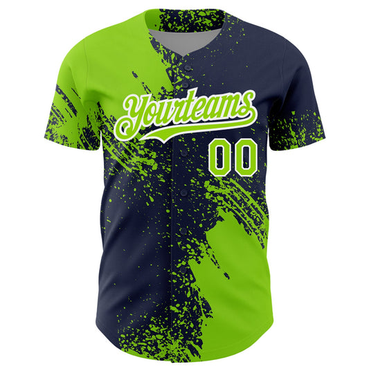 Custom Neon Green Navy-White 3D Pattern Design Abstract Brush Stroke Authentic Baseball Jersey - Sky-Custom
