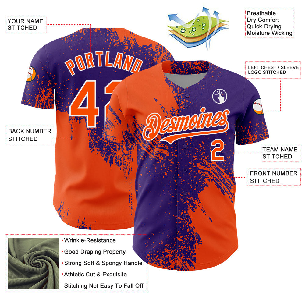 Custom Orange Purple-White 3D Pattern Design Abstract Brush Stroke Authentic Baseball Jersey - Sky-Custom