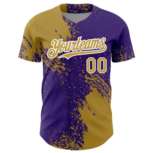 Custom Old Gold Purple-White 3D Pattern Design Abstract Brush Stroke Authentic Baseball Jersey - Sky-Custom