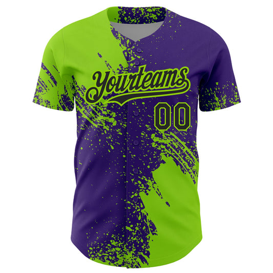 Custom Neon Green Black-Purple 3D Pattern Design Abstract Brush Stroke Authentic Baseball Jersey - Sky-Custom