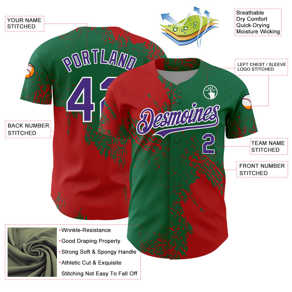 Custom Red Purple Kelly Green-White 3D Pattern Design Abstract Brush Stroke Authentic Baseball Jersey - Sky-Custom