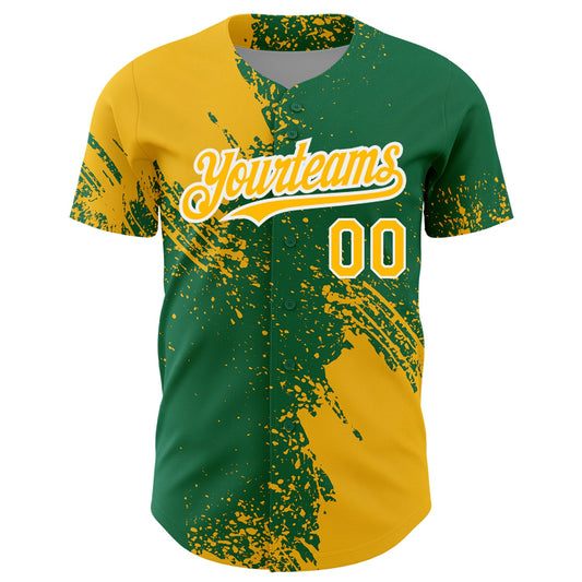 Custom Gold Kelly Green-White 3D Pattern Design Abstract Brush Stroke Authentic Baseball Jersey - Sky-Custom
