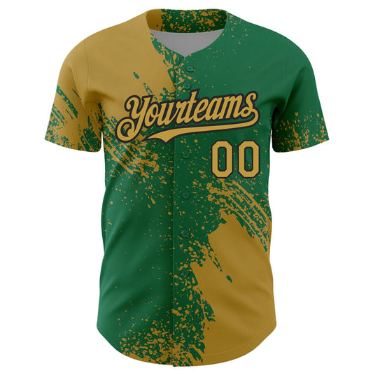 Custom Old Gold Kelly Green-Black 3D Pattern Design Abstract Brush Stroke Authentic Baseball Jersey - Sky-Custom
