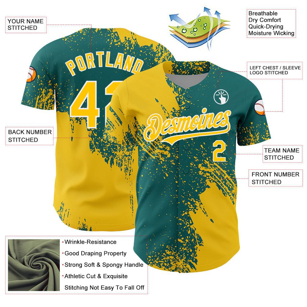 Custom Yellow Teal-White 3D Pattern Design Abstract Brush Stroke Authentic Baseball Jersey - Sky-Custom
