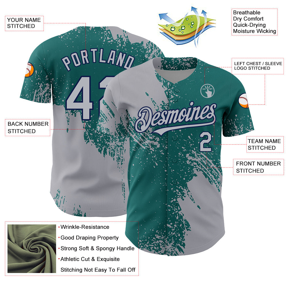 Custom Gray Teal-Navy 3D Pattern Design Abstract Brush Stroke Authentic Baseball Jersey - Sky-Custom