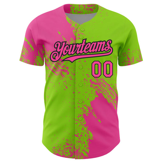 Custom Pink Neon Green-Black 3D Pattern Design Abstract Brush Stroke Authentic Baseball Jersey - Sky-Custom