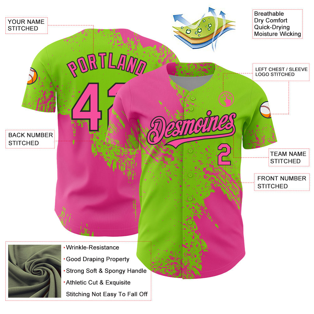 Custom Pink Neon Green-Black 3D Pattern Design Abstract Brush Stroke Authentic Baseball Jersey - Sky-Custom
