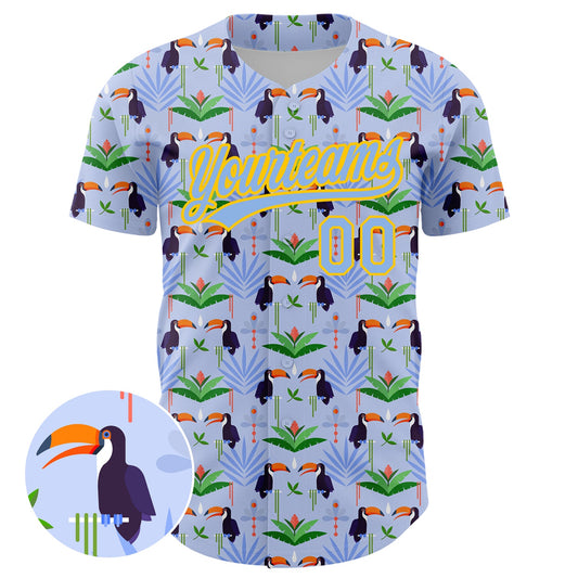 Custom Light Blue Yellow 3D Pattern Design Animal Toucan And Tropical Hawaii Palm Leaves Authentic Baseball Jersey - Sky-Custom