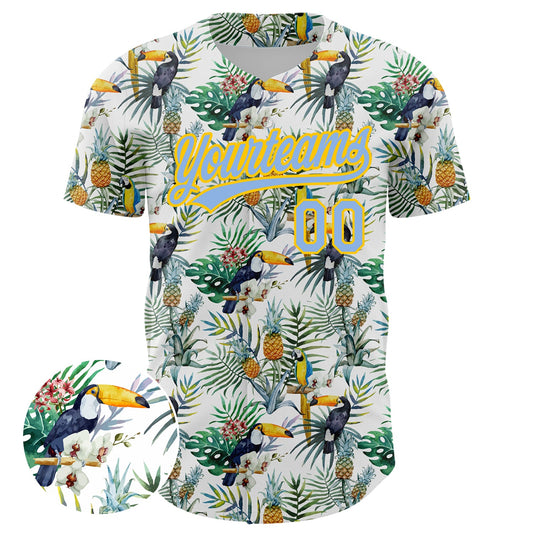 Custom White Light Blue-Yellow 3D Pattern Design Animal Toucan And Tropical Hawaii Palm Leaves Authentic Baseball Jersey - Sky-Custom