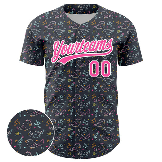 Custom Navy Pink-White 3D Pattern Design Animal Bird Authentic Baseball Jersey - Sky-Custom