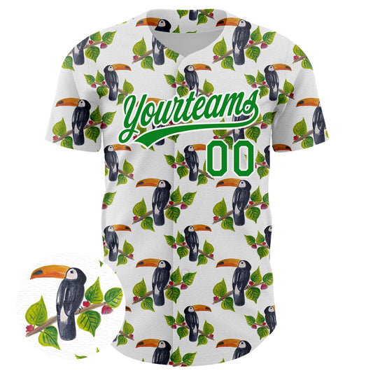 Custom White Grass Green 3D Pattern Design Animal Toucan And Tropical Hawaii Palm Leaves Authentic Baseball Jersey - Sky-Custom