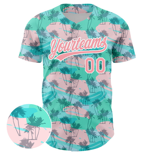 Custom Green Medium Pink-White 3D Pattern Design Tropical Hawaii Palm Trees Authentic Baseball Jersey - Sky-Custom
