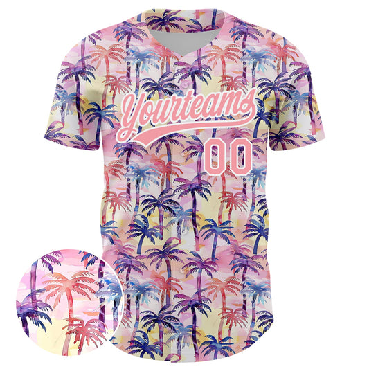 Custom Medium Pink White 3D Pattern Design Tropical Hawaii Palm Trees Authentic Baseball Jersey - Sky-Custom