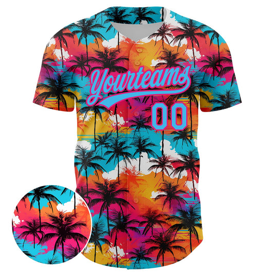 Custom Sky Blue Hot Pink 3D Pattern Design Tropical Hawaii Palm Trees Authentic Baseball Jersey - Sky-Custom