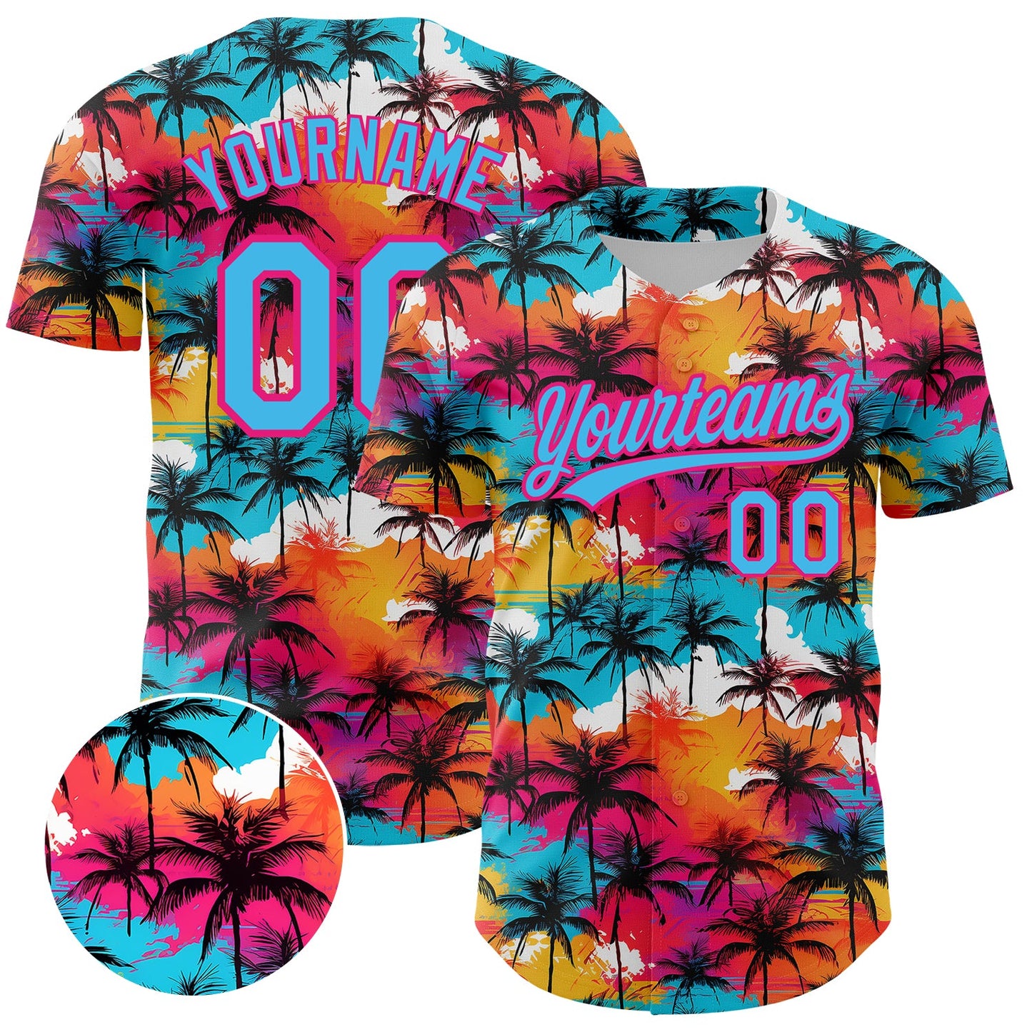 Custom Sky Blue Hot Pink 3D Pattern Design Tropical Hawaii Palm Trees Authentic Baseball Jersey - Sky-Custom