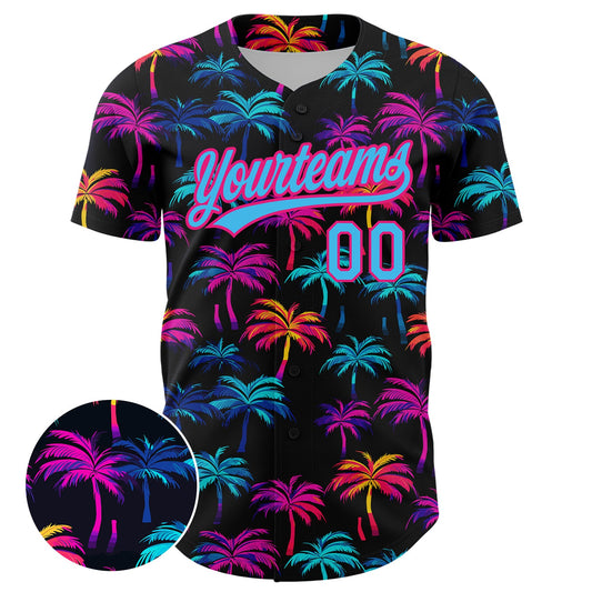 Custom Black Sky Blue-Hot Pink 3D Pattern Design Tropical Hawaii Palm Trees Authentic Baseball Jersey - Sky-Custom
