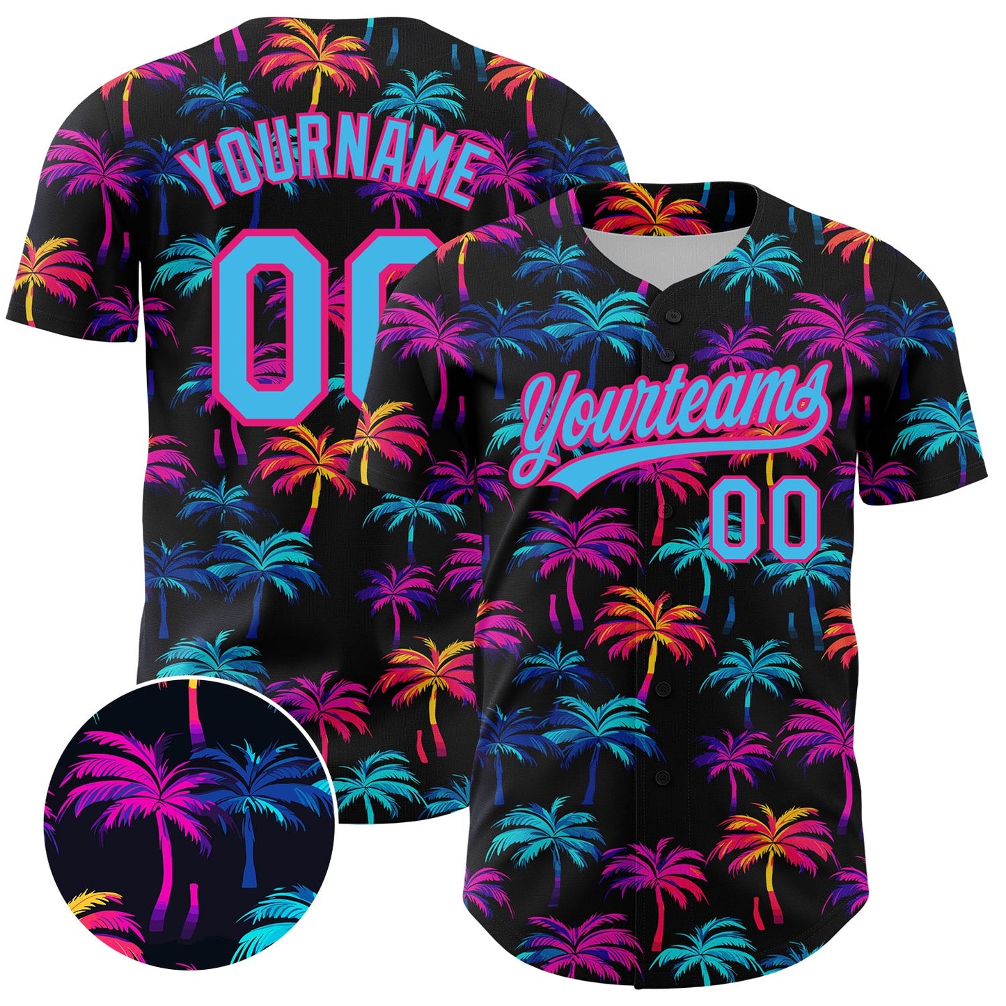 Custom Black Sky Blue-Hot Pink 3D Pattern Design Tropical Hawaii Palm Trees Authentic Baseball Jersey - Sky-Custom