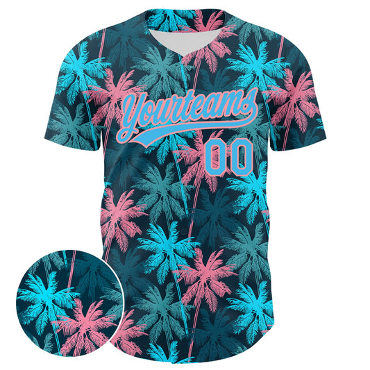Custom Black Sky Blue-Medium Pink 3D Pattern Design Tropical Hawaii Palm Trees Authentic Baseball Jersey - Sky-Custom