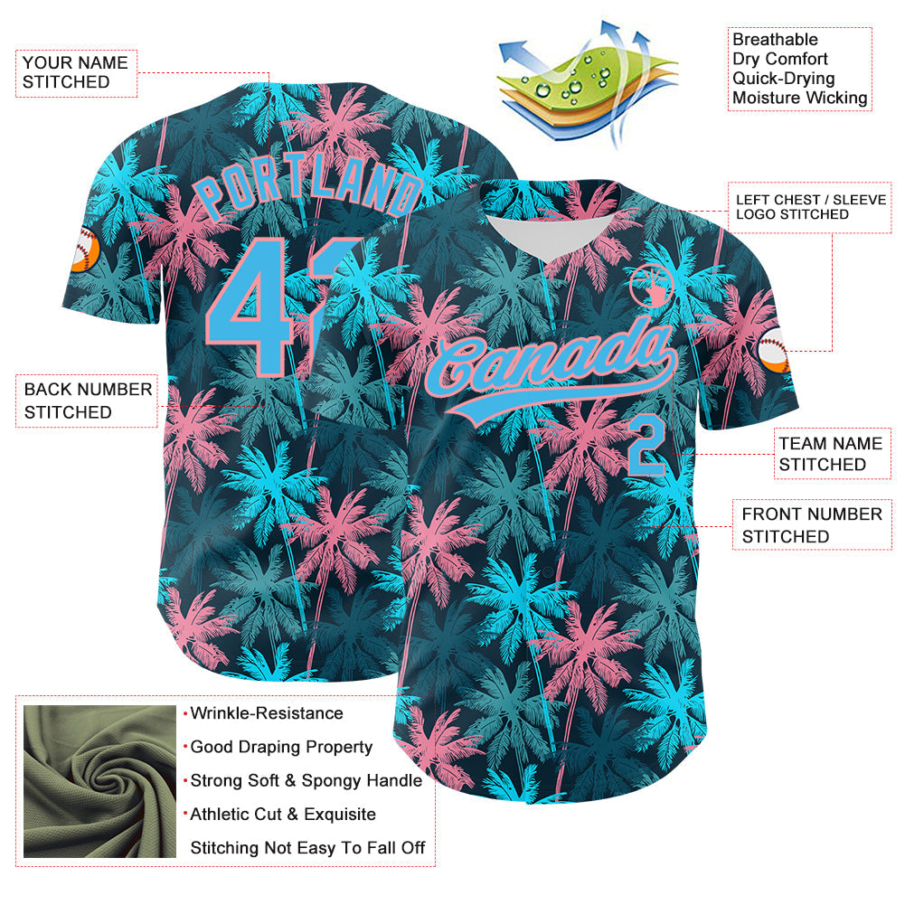 Custom Black Sky Blue-Medium Pink 3D Pattern Design Tropical Hawaii Palm Trees Authentic Baseball Jersey - Sky-Custom