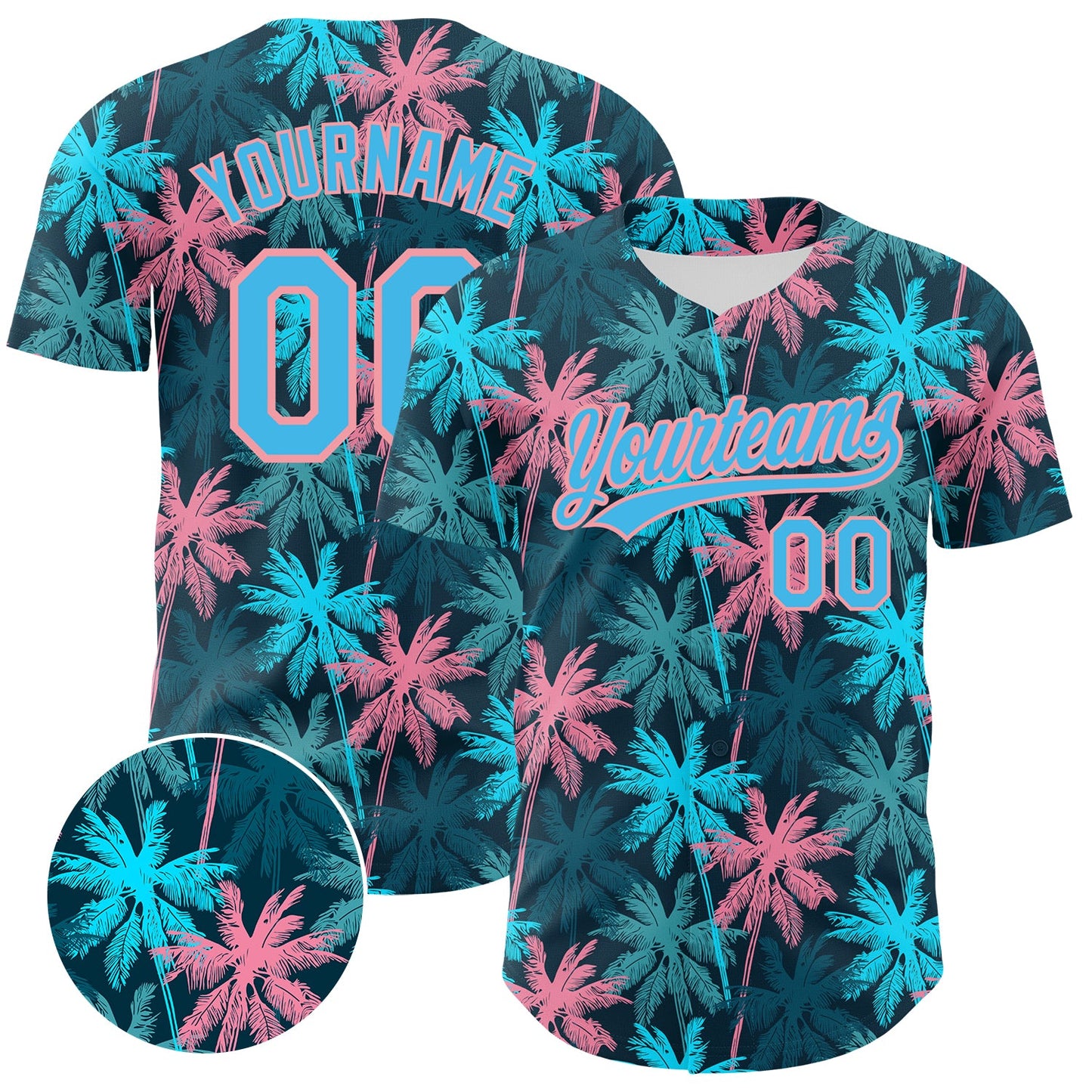 Custom Black Sky Blue-Medium Pink 3D Pattern Design Tropical Hawaii Palm Trees Authentic Baseball Jersey - Sky-Custom