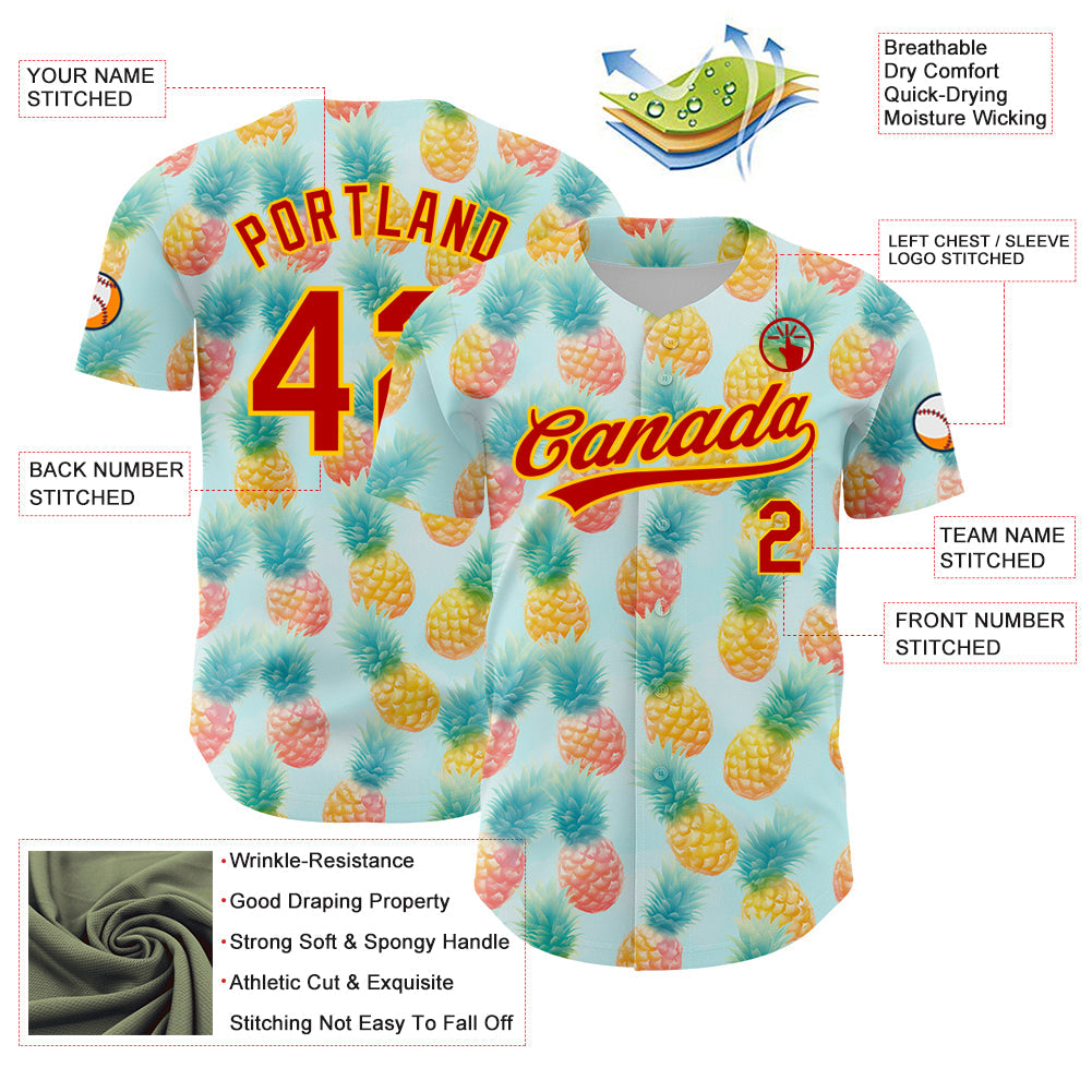 Custom Green Red-Yellow 3D Pattern Design Fruit Pineapple Authentic Baseball Jersey - Sky-Custom