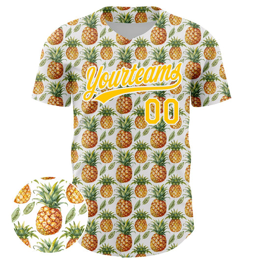 Custom White Yellow 3D Pattern Design Fruit Pineapple Authentic Baseball Jersey - Sky-Custom