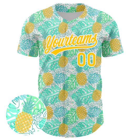 Custom Green Yellow-White 3D Pattern Design Fruit Pineapple Authentic Baseball Jersey - Sky-Custom