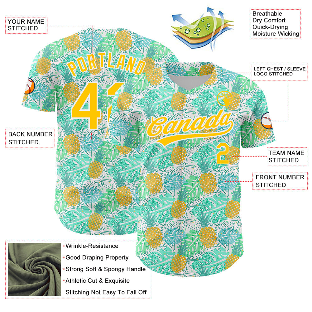 Custom Green Yellow-White 3D Pattern Design Fruit Pineapple Authentic Baseball Jersey - Sky-Custom