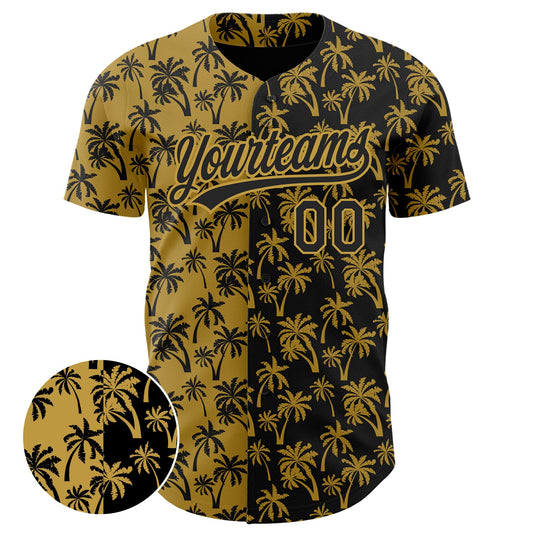 Custom Old Gold Black 3D Pattern Design Tropical Hawaii Palm Trees Authentic Baseball Jersey - Sky-Custom